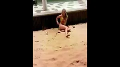 Blonde girl, risky public beach masturbation