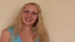 Curvy model in jeans giving dick blowjob till getting facial cumshot