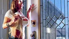 Wet from rain Tegan James fucks and gets a facial in exchange for dry clothes