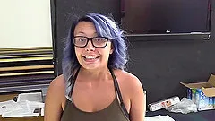 Blue-haired Serenity enjoying her partner's trembling dick and toys