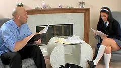 A filthy coed lifts up her skirt and gets drilled deep