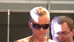 hot busty blonde babe give a extreme wild lapdance on public sex fair show stage