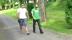 Hardcore gay sex session with a handsome man in a forest