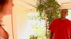 Shaved pussy model giving big black cock hot blowjob