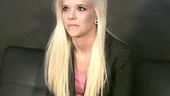 Attractive tiny blonde Halle talking ready to get completely naked