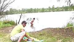 Naked babe gets on her knees for a fellow's pulsating boner