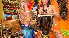 Naughty lesbians enjoy toying their pussies madly in a close up action