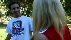 Long hair cheerleader blonde in uniform getting nasty facial cumshot