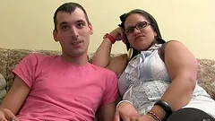 Chubby chick with glasses is ready to be plowed by a fat soldier