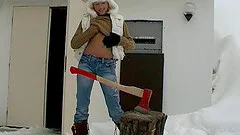 Sweater girl in the snow parts her pussy lips with a toy