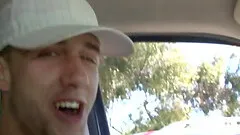 Brunette with glasses sucks young guys dick in the garage