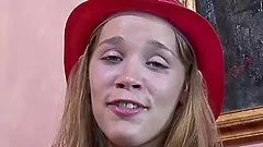 Young blonde in uniform takes hard pounding on the sofa