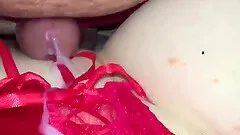 Cumshot to red lingerie