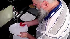 Morning breakfast sex teen gives a handjob and cumshot