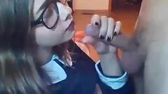 My busty date with glasses facialized