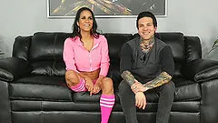 Brunette with long hair loves riding gigantic cock