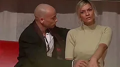 Hot threesome porn orgy on european public sexfair show stage