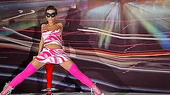 Masked babe in pink stockings decides to reveal her private areas