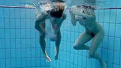 Long hair lesbian teen swimming lovely with her babe