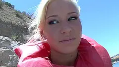 Skinny blonde replenishing big cock with blowjob at the beach