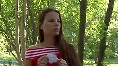 Gorgeous babe gets her hairy twat pounded in the middle of the woods