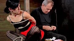 Spanking Elise's sweet buttocks and torturing her shaved tunnel