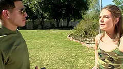 Cowgirl in military uniform getting blasted hardcore outdoor