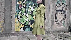 Jeny Smith shows of her strap bondage being naked in public