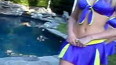 Nice ass cheerleader dashes indoors then ravished hardcore in ffm porn