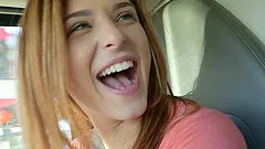 Eatable blonde lesbian with natural tits having her pussy licked in car