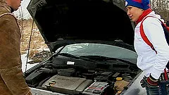 Babe with a broken down car sucks and fucks to get it fixed