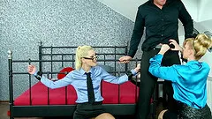 Elegant European blondes in pantyhose enjoy pissing games