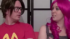 Busty Tanya Fox is sucking the nerdy guy's cock with a great pleasure