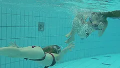 Nice ass lesbain in bikini swimming with her babe in pool