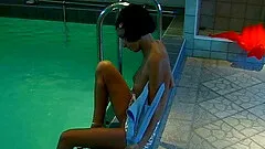 Arousing close up shoot with skinny brunette masturbating by the pool
