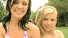 Two lovely babes enjoy sharing a massive rod in the nature