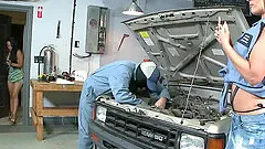 Mechanic ravishing BDSM fetish juicy cowgirl hardcore in garage