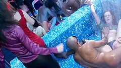 Good looking brunettes and a handsome man having a Shower Cam in an employees entertainment.
