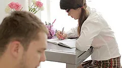 Nerdy babe with natural tits rides the dick as best as she can