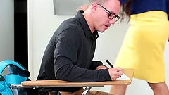 Busty Mercedes Carrera rides the nerdy guy's cock in the classroom