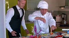 Attractive chics seducing their cook to fucking them in a gourmet piss bang.