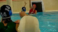 Sporty lesbian babes take a break for a lewd pussy toying groupsex in the pool