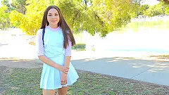 Cute brunette takes a walk and plays with the pussy in public