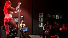 Sexy brunette in a parody story licking heavy balls close up