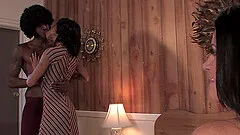 Angelic ebony with small tits giving black cock blowjob in interracial ffm sex