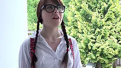 Nerdy babe totally lets the muscular guy penetrate her sweet anus