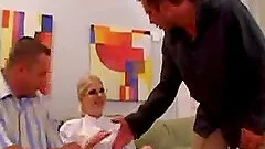 Spectacular blonde in glasses in a threesome getting hammered