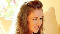 Raunchy brunette with a pale booty reveals her shaved slit