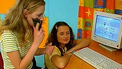 Doting lesbian moans as her hairy pussy gets fingered close up