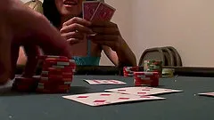 Game of poker stops so that the nerdy chick can take it up the pussy
